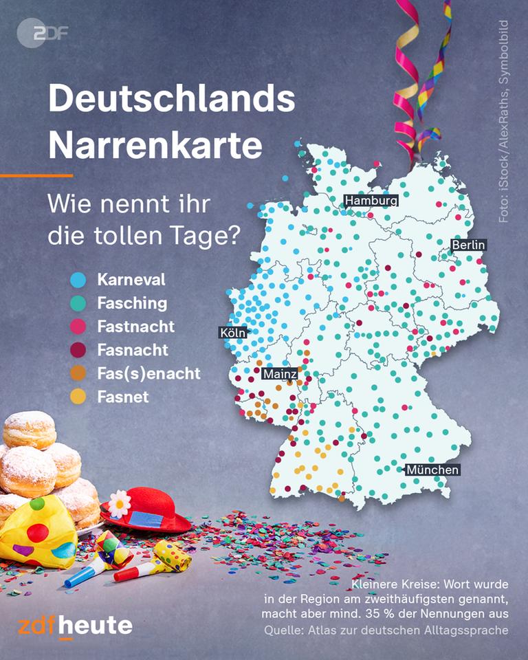 Eine Deutschlandkarte auf der eingezeichnet ist, wo welche Begriffe für Karneval verwendet werden. 