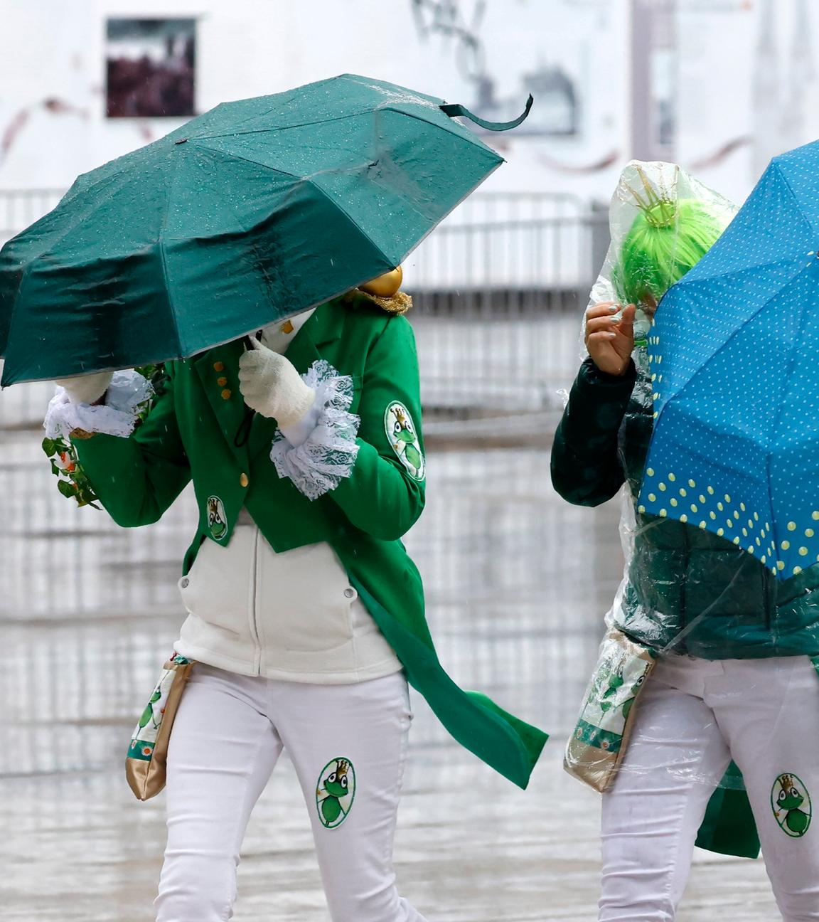 Weiberfastnacht in Köln 2026: Viele Narren hatten Schirme und Plastikfolie dabei, damit sie halbwegs trocken blieben.