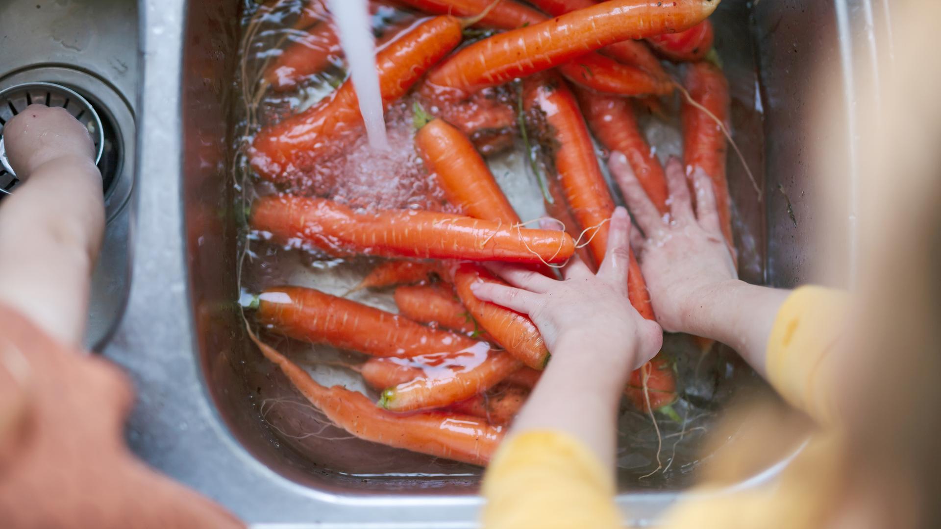 Karotten werden in der Spüle für den Verzehr gewaschen