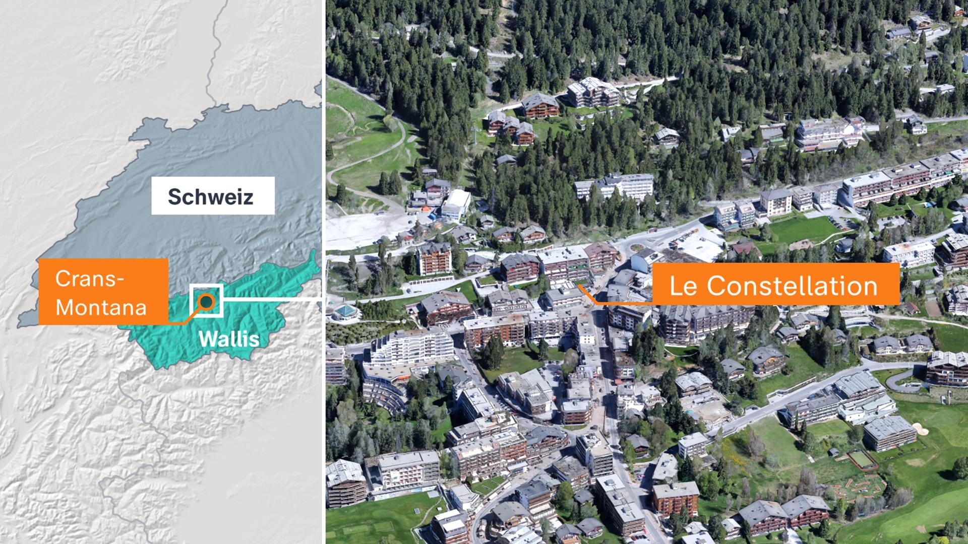 Karte: Brand in Bar "Le Constellation" in Crans-Montana, Schweiz 