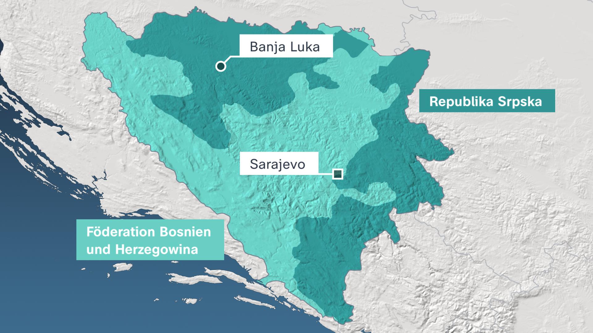 Die Karte von Bosnien und Herzegowina, die sich in die Förderation Bosnien und Herzegowina und die Republik Srpska aufteilt.