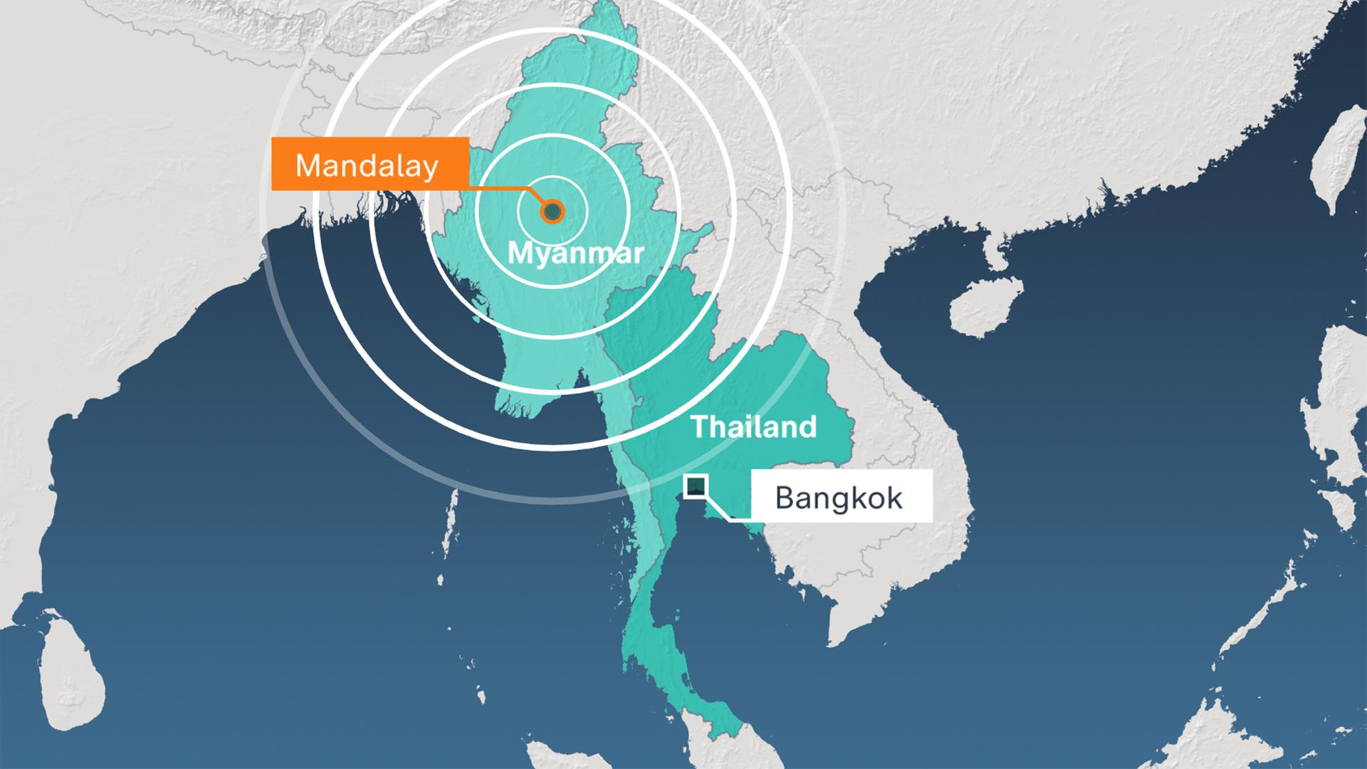 Karte: Erdbeben Epizentrum bei Mandalay, Myanmar