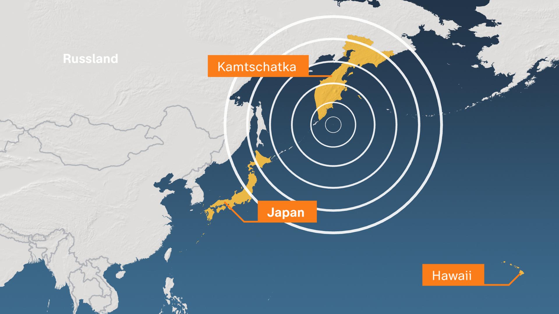 Karte: Seebeben vor Kamtschatka und Tsunami