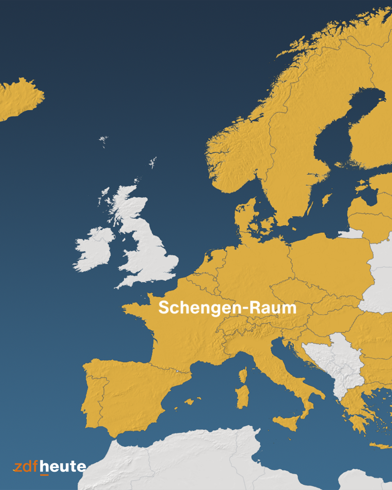 Karte der Länder, die die Schengen-Regelungen voll anwenden. 