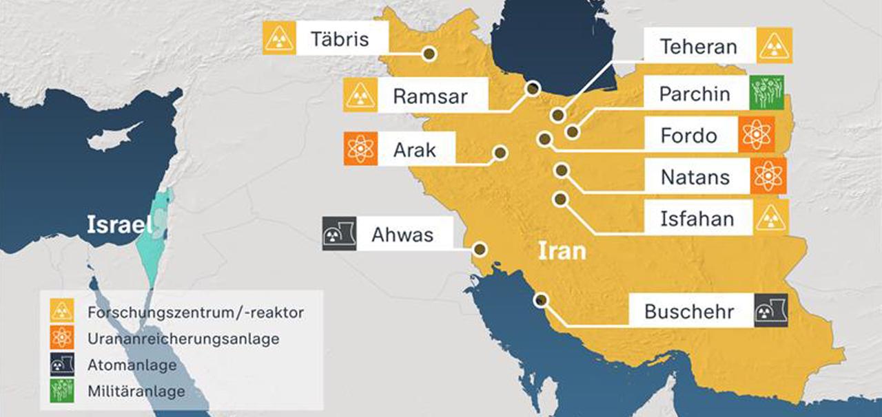 Karte auf der Jerusalem und Irans Hauptstadt Teheran markiert ist.