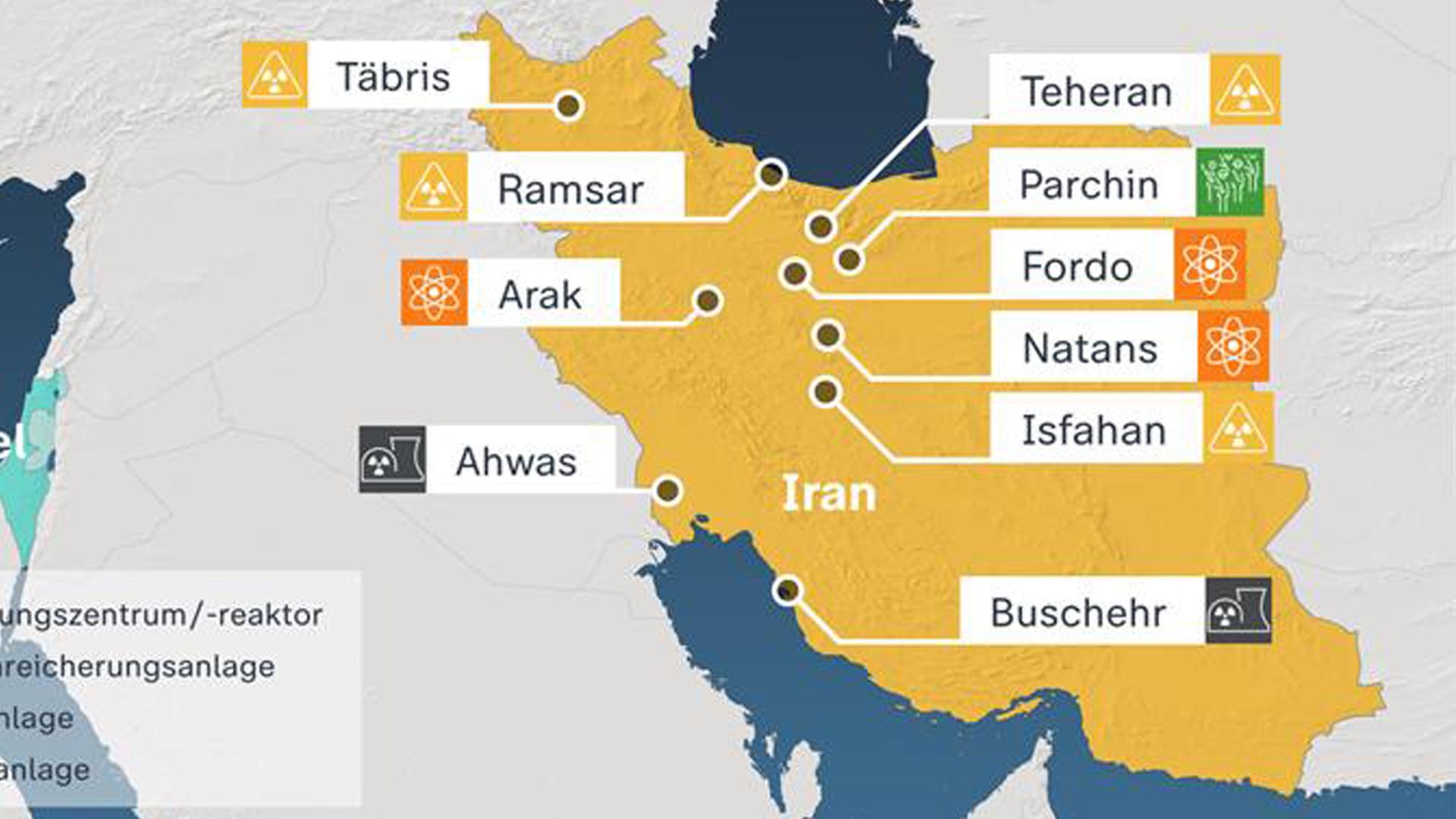 Karte auf der Jerusalem und Irans Hauptstadt Teheran markiert ist.