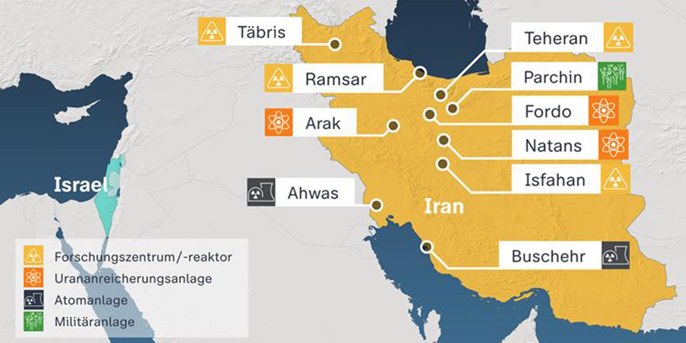 Karte auf der Jerusalem und Irans Hauptstadt Teheran markiert ist.