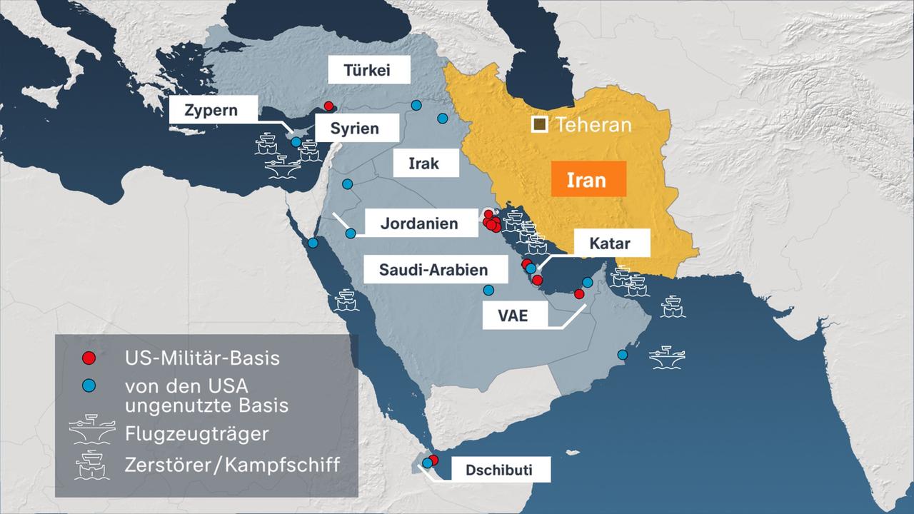 Eine Karte vom Nahen Osten zeigt Standpunkte von US-Militärbasen in der Nähe von Iran.