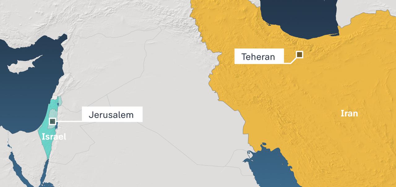 Karte auf der Jerusalem und Irans Hauptstadt Teheran markiert ist.