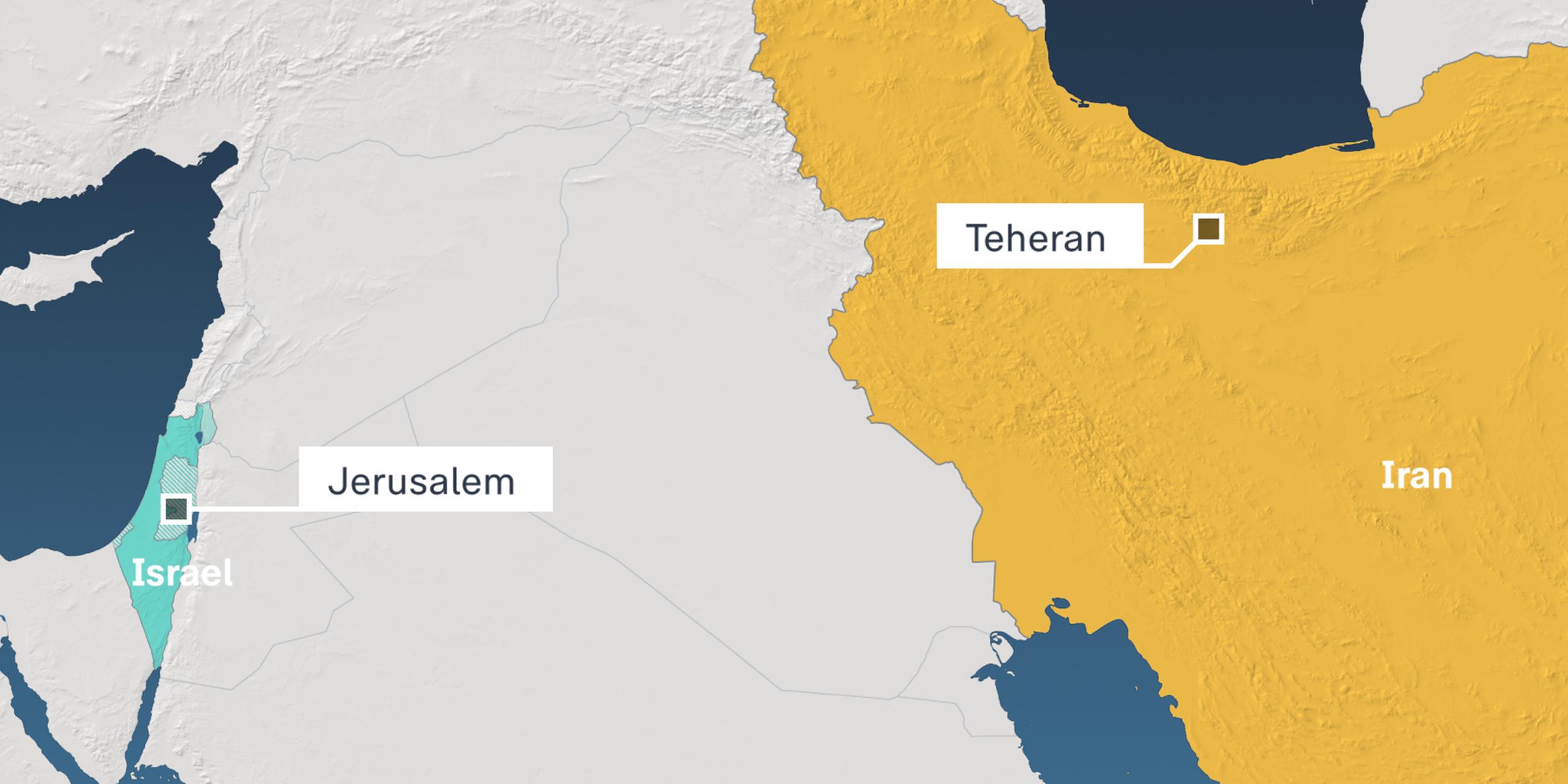 Karte auf der Jerusalem und Irans Hauptstadt Teheran markiert ist.