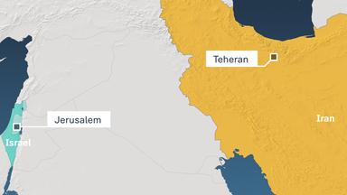 Karte auf der Jerusalem und Irans Hauptstadt Teheran markiert ist.