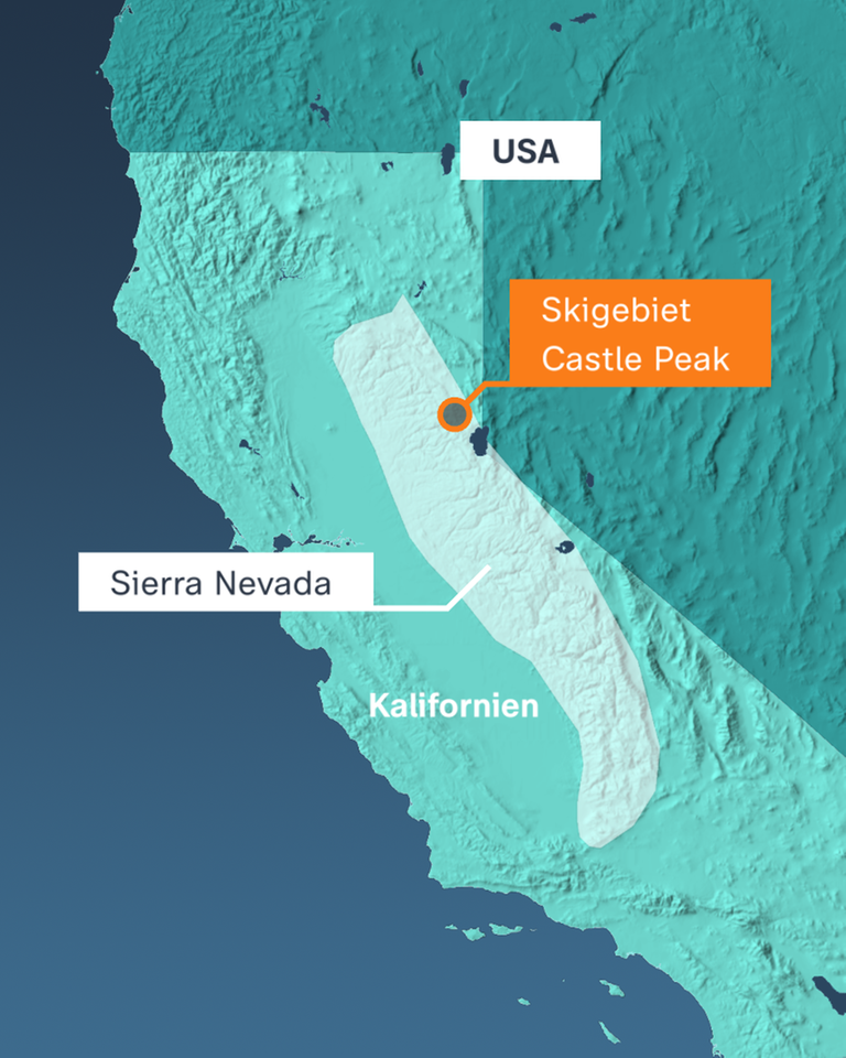 Auf der Karte ist der Standort vom Skigebiet Castle Peak und die Region Sierra Nevada im US-Bundesstaat Kalifornien markiert.