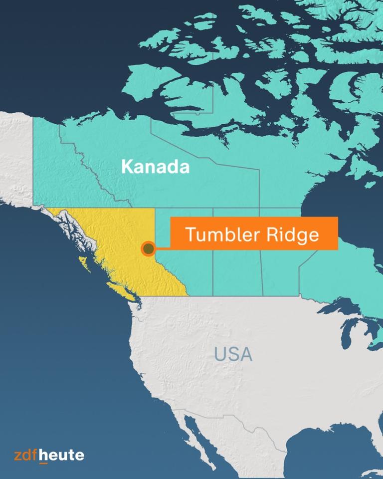 Auf einer Karte von Kanada ist Tumbler Ridge eingezeichnet: Der Ort liegt im Südwesten des Landes.