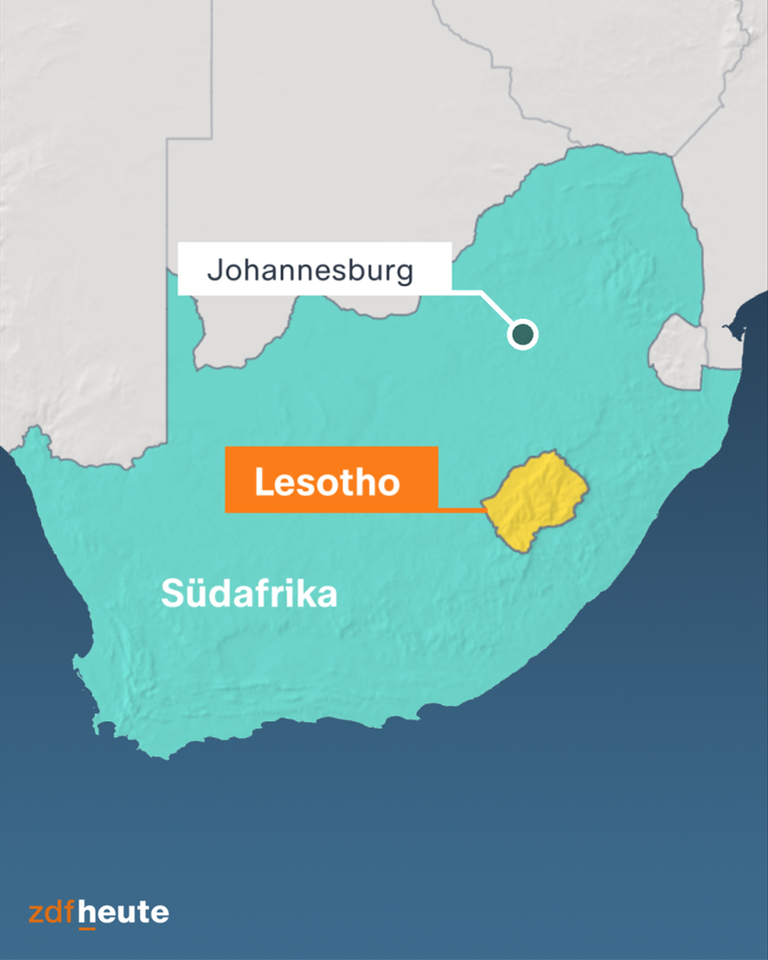 Die Karte zeigt Südafrika mit seiner Hauptstadt Johannesburg und dem unabhängigen Land Lesotho. 