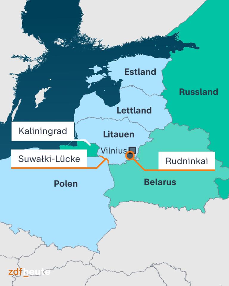 Karte: Litauen mit Nato-Partnern Estland, Lettland und Polen sowie Belarus, Russland und der russischen Exklave Kaliningrad.