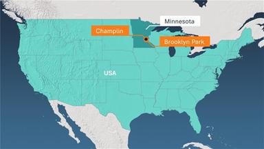 Karte des US-Bundesstaats Minnesota, auf der die Orte Champlin und Brooklyn Park orange hervorgehoben sind.