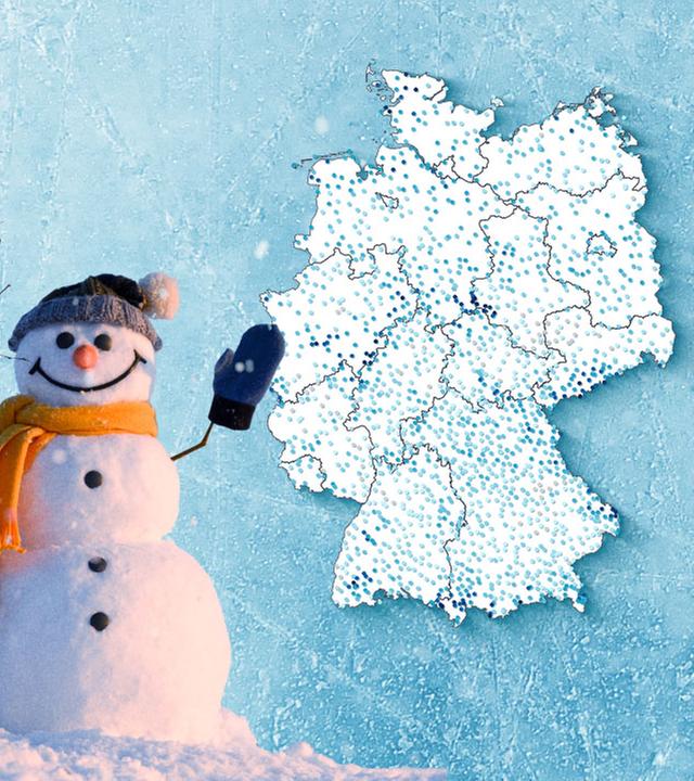 Deutschlandkarte mit der Schneehöhe, daneben ein Schneemann