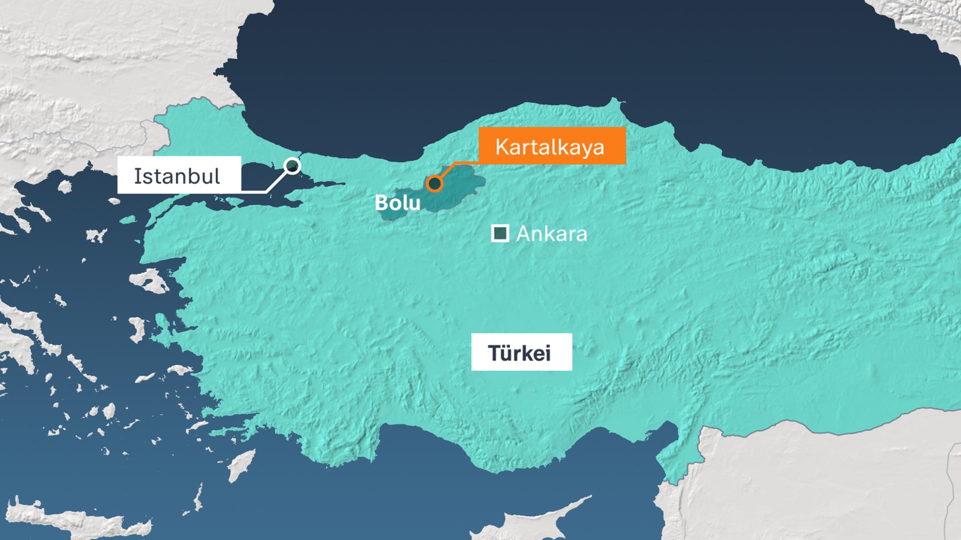 Karte: Hotelbrand in Kartalkaya, Region Bolu,, Türkei