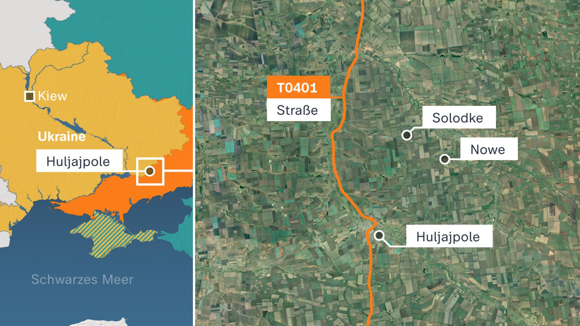 Karte Ukraine: Huljajpole und Orte in der Region
