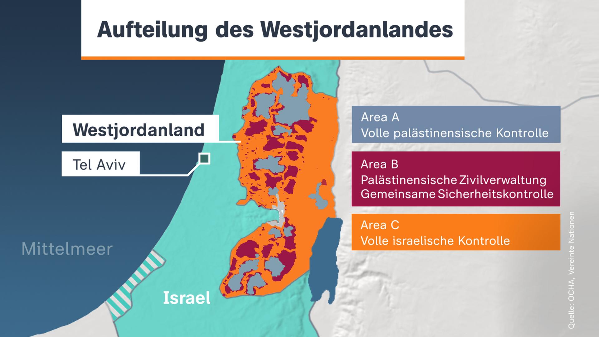 Die Karte zeigt die Aufteilung des Westjordanlandes in drei "Areas" und wer diese jeweils kontrolliert.