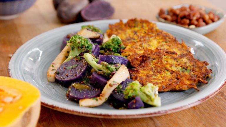Kartoffelsalat mit Kürbisbratlingen