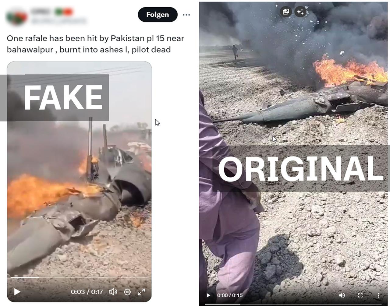 Videos im Netz sollen ein abgeschossenes indisches Flugzeug zeigen, sie stammen aber aus dem April und zeigen einen pakistanischen Jet