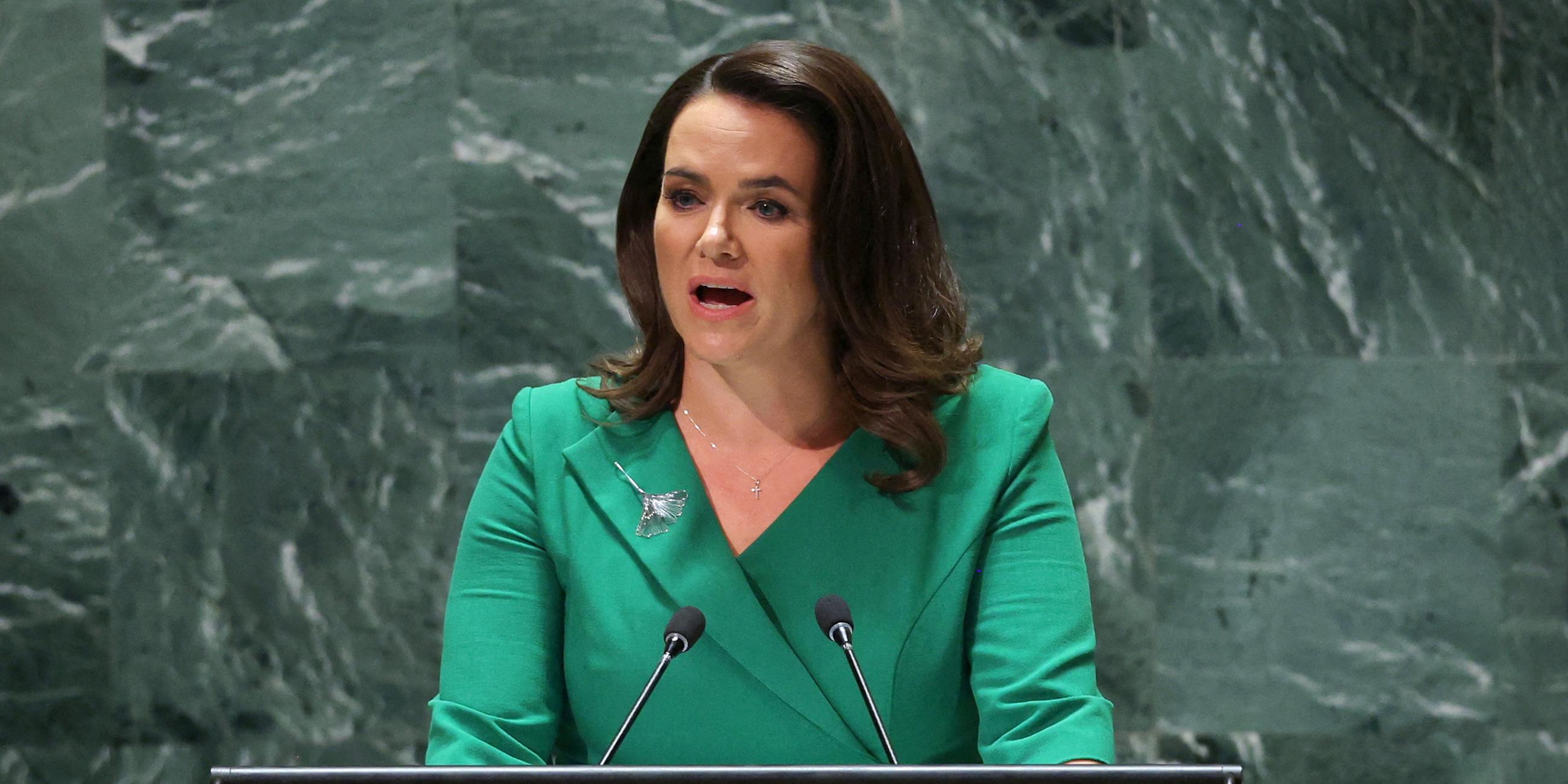 Die ungarische Präsidentin Katalin Novak spricht am 19.09.2023 in New York )USA)