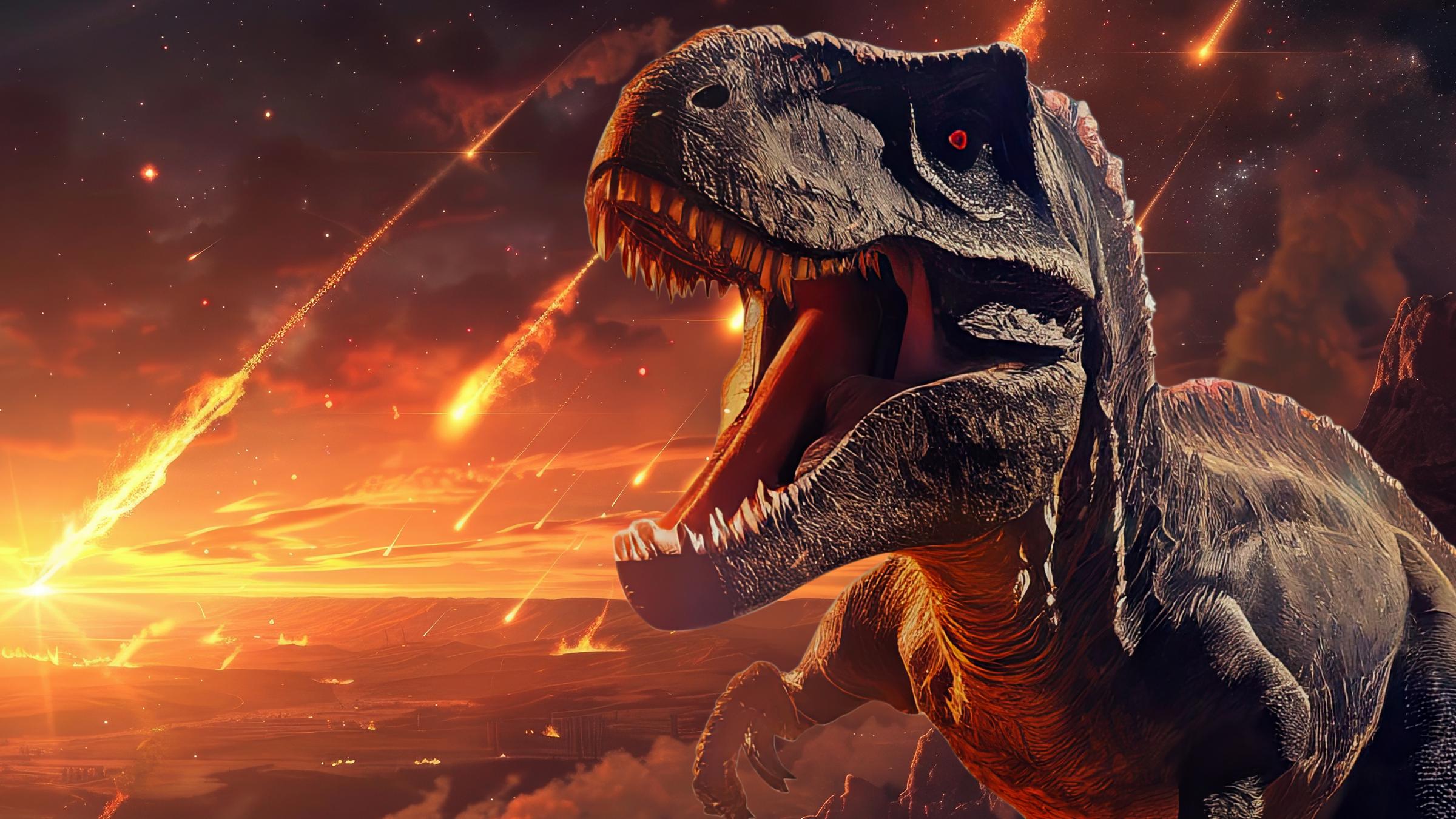 Collage: Meteoriten schlagen auf die Erde ein; im Vordergrund ein T-Rex.