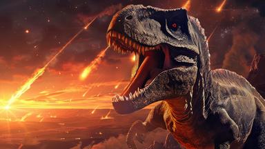 Collage: Meteoriten schlagen auf die Erde ein; im Vordergrund ein T-Rex.