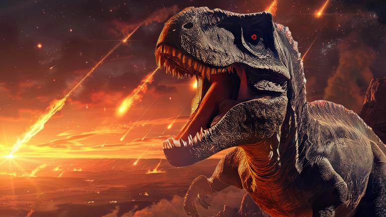 Collage: Meteoriten schlagen auf die Erde ein; im Vordergrund ein T-Rex.