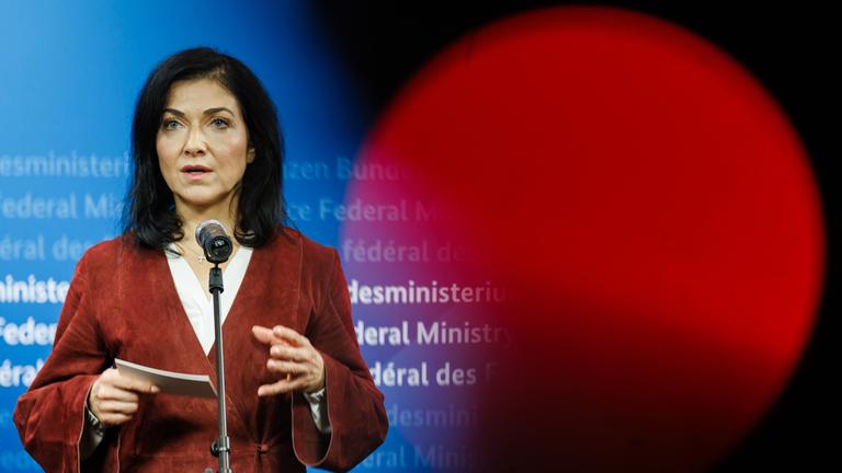 Bundeswirtschaftsministerin Katherina Reiche während einer Rede im Bundesfinanzministerium in Berlin am 01.10.2025.