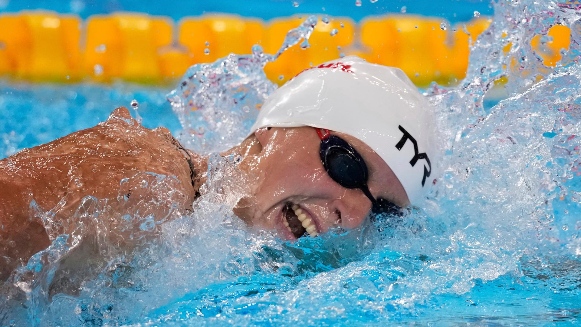 Die US-Amerikanerin Katie Ledecky beim 800m Freistil Wettkampf in Singapur am 01.08.2025.