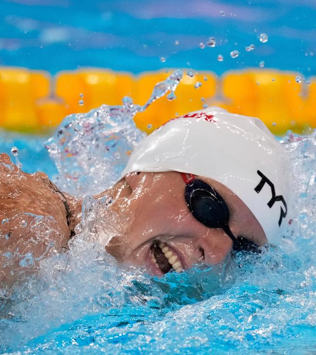 Die US-Amerikanerin Katie Ledecky beim 800m Freistil Wettkampf in Singapur am 01.08.2025.