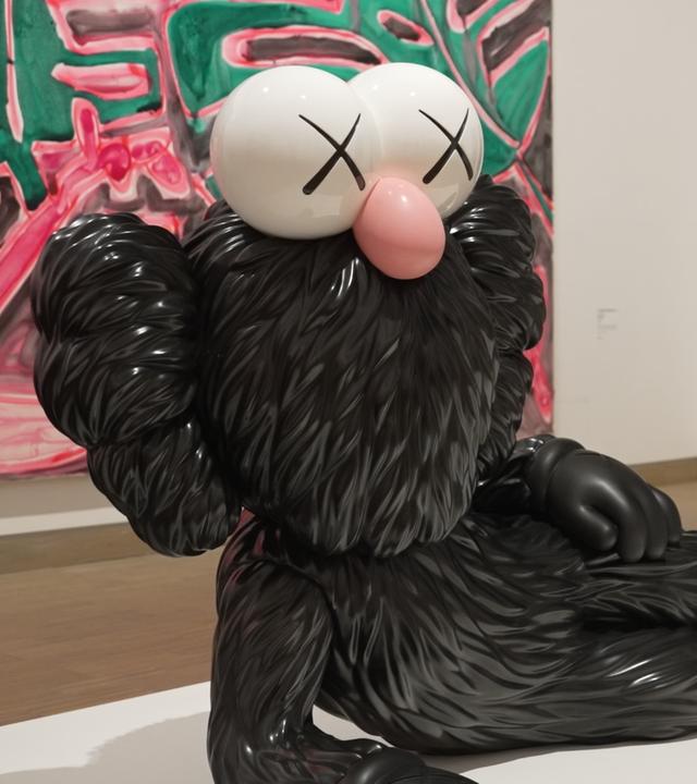 Skulptur in Übergröße liegt in einem Museum. Die Skulptur ist eine große, Comicartige Figur in schwarz. 