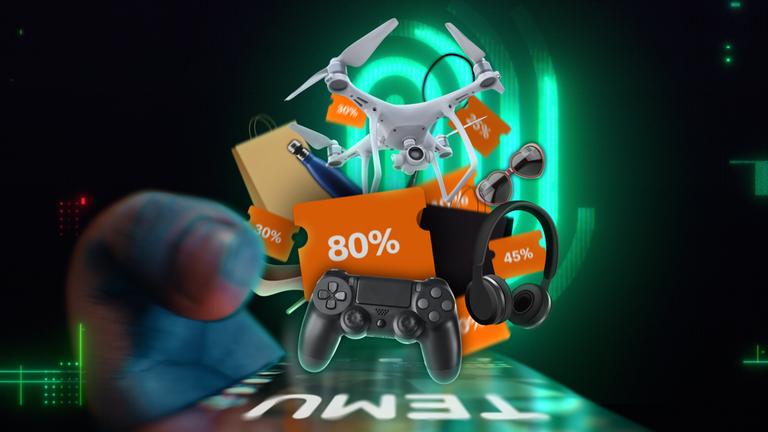 Symbolbild: Ein großer Daumen wischt über ein übergroßes Handy. In der Luft darüber schweben mehrere Alltagsartikel zwischen denen orange Prozentnachlässe erscheinen.