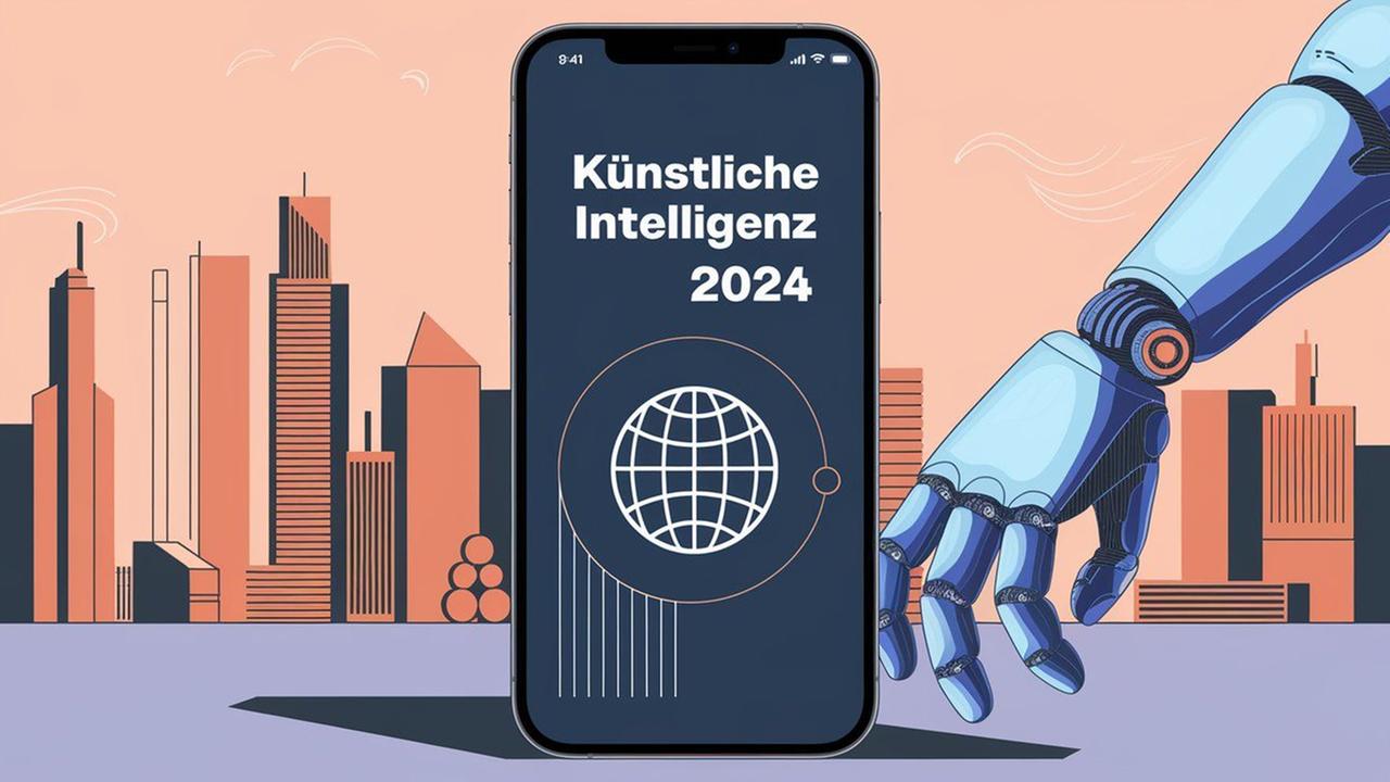 Eine Illustration zeigt ein Smartphone mit der Aufschrift "Künstliche Intelligenz 2024" auf dem Bildschirm, darunter eine stilisierte Weltkugel. Im Hintergrund sind moderne, abstrakte Hochhäuser in Orange- und Blautönen zu sehen. Rechts im Bild greift ein blauer, robotischer Arm nach dem Smartphone. Die Farbgebung ist minimalistisch mit warmen Pastelltönen.