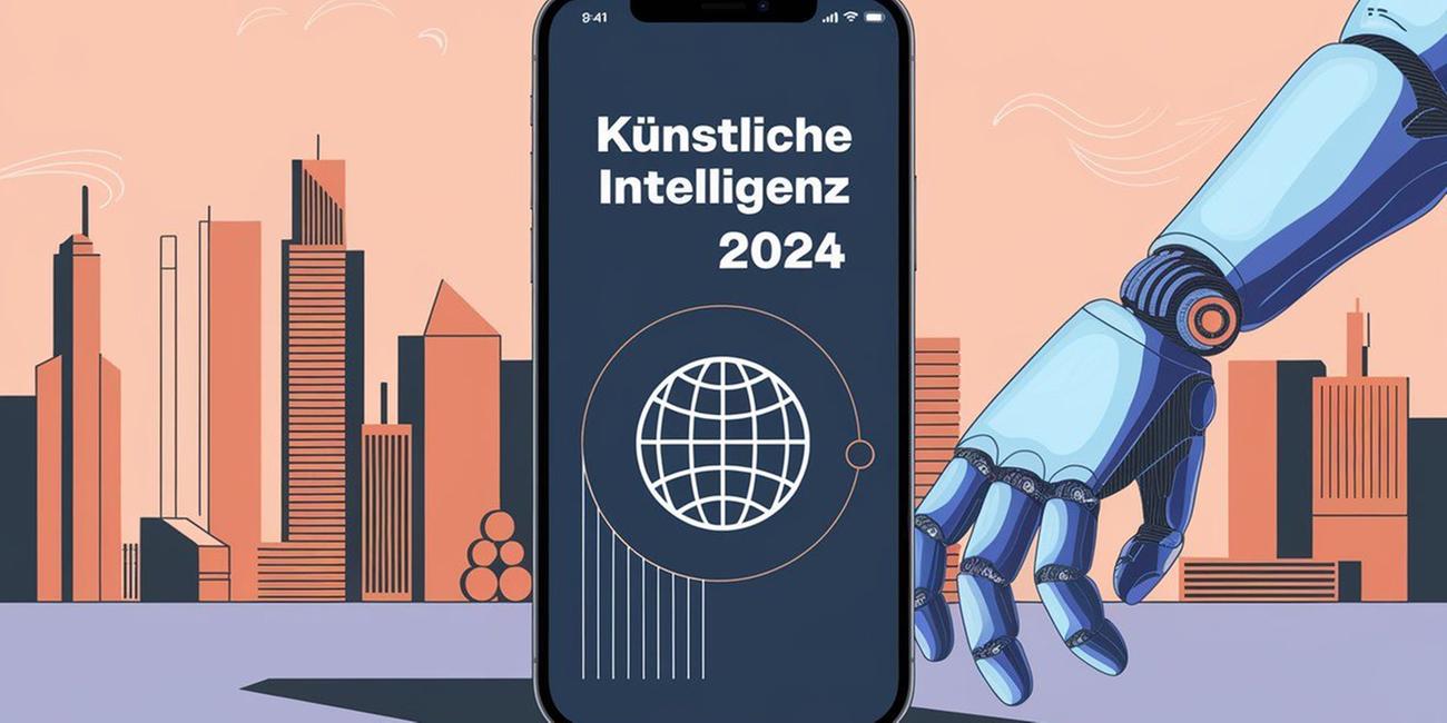 ine Illustration zeigt ein Smartphone mit der Aufschrift "Künstliche Intelligenz 2024" auf dem Bildschirm, darunter eine stilisierte Weltkugel. Im Hintergrund sind moderne, abstrakte Hochhäuser in Orange- und Blautönen zu sehen. Rechts im Bild greift ein blauer, robotischer Arm nach dem Smartphone. Die Farbgebung ist minimalistisch mit warmen Pastelltönen.