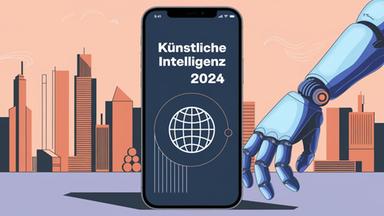 ine Illustration zeigt ein Smartphone mit der Aufschrift "Künstliche Intelligenz 2024" auf dem Bildschirm, darunter eine stilisierte Weltkugel. Im Hintergrund sind moderne, abstrakte Hochhäuser in Orange- und Blautönen zu sehen. Rechts im Bild greift ein blauer, robotischer Arm nach dem Smartphone. Die Farbgebung ist minimalistisch mit warmen Pastelltönen.