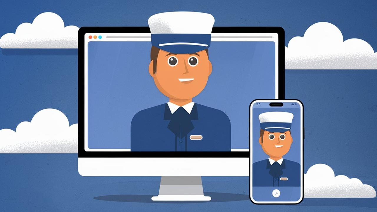 Das Bild zeigt eine Illustration eines Mannes in einer Uniform mit einer weißen Mütze und blauer Kleidung. Der Mann erscheint sowohl auf einem Computerbildschirm als auch auf einem Smartphone, die nebeneinander dargestellt sind. Der Hintergrund ist blau mit stilisierten weißen Wolken, die eine freundliche und moderne Atmosphäre erzeugen. Das Bild symbolisiert die Nutzung eines virtuellen Assistenten, der auf verschiedenen Geräten zugänglich ist.