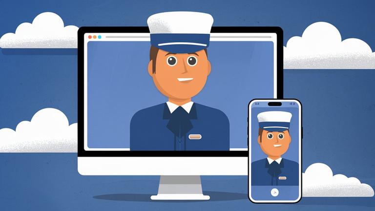 Das Bild zeigt eine Illustration eines Mannes in einer Uniform mit einer weißen Mütze und blauer Kleidung. Der Mann erscheint sowohl auf einem Computerbildschirm als auch auf einem Smartphone, die nebeneinander dargestellt sind. Der Hintergrund ist blau mit stilisierten weißen Wolken, die eine freundliche und moderne Atmosphäre erzeugen. Das Bild symbolisiert die Nutzung eines virtuellen Assistenten, der auf verschiedenen Geräten zugänglich ist.