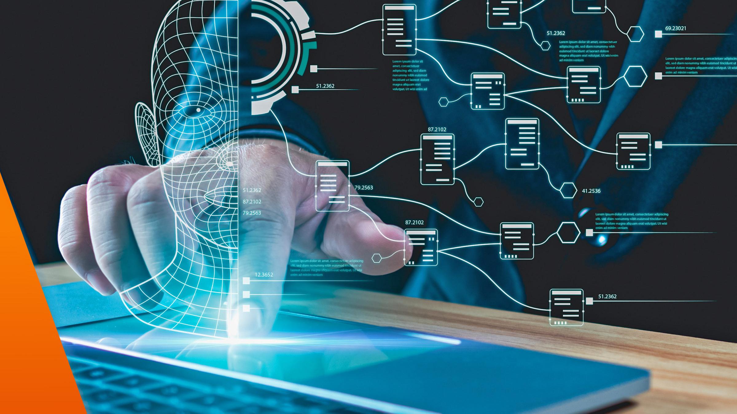 Finger an Tastatur: Grafische Elemente die künstliche Intelligenz darstellen sollen