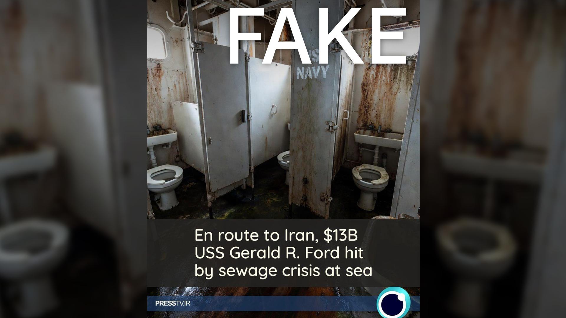 Ein Bild, das heruntergekommene Toiletten auf der "USS Gerald R. Ford" zeigen soll - es ist aber eine Fälschung.