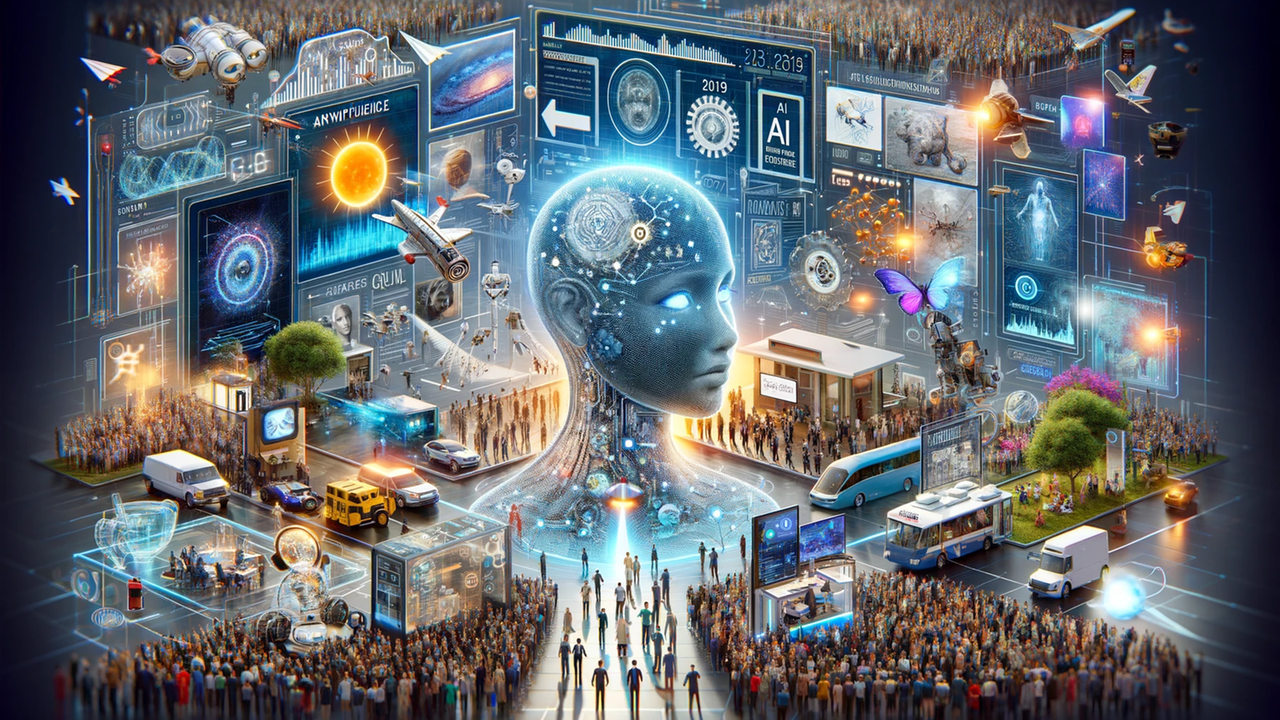 Mithilfe von KI generiertes Bild: Das Bild zeigt eine futuristische Darstellung verschiedener Aspekte künstlicher Intelligenz, mit einem zentralen menschenähnlichen Roboterkopf, der von verschiedenen Szenen und Objekten umgeben ist. Es beinhaltet Darstellungen von Drohnen, Weltraumfahrzeugen, digitalen Netzwerken und Menschenmengen, die auf Bildschirme und Präsentationen blicken. Die Szenerie ist lebendig und beinhaltet interaktive Displays und futuristische Technologie, die die Integration und den Einfluss von KI im Jahr 2023 symbolisiert.