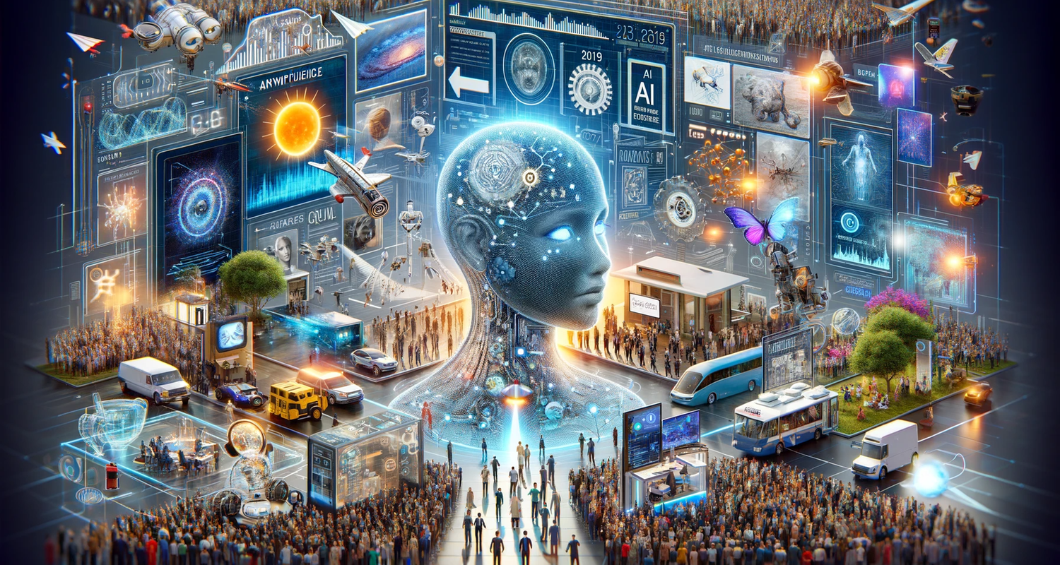 Mithilfe von KI generiertes Bild: Das Bild zeigt eine futuristische Darstellung verschiedener Aspekte künstlicher Intelligenz, mit einem zentralen menschenähnlichen Roboterkopf, der von verschiedenen Szenen und Objekten umgeben ist. Es beinhaltet Darstellungen von Drohnen, Weltraumfahrzeugen, digitalen Netzwerken und Menschenmengen, die auf Bildschirme und Präsentationen blicken. Die Szenerie ist lebendig und beinhaltet interaktive Displays und futuristische Technologie, die die Integration und den Einfluss von KI im Jahr 2023 symbolisiert.