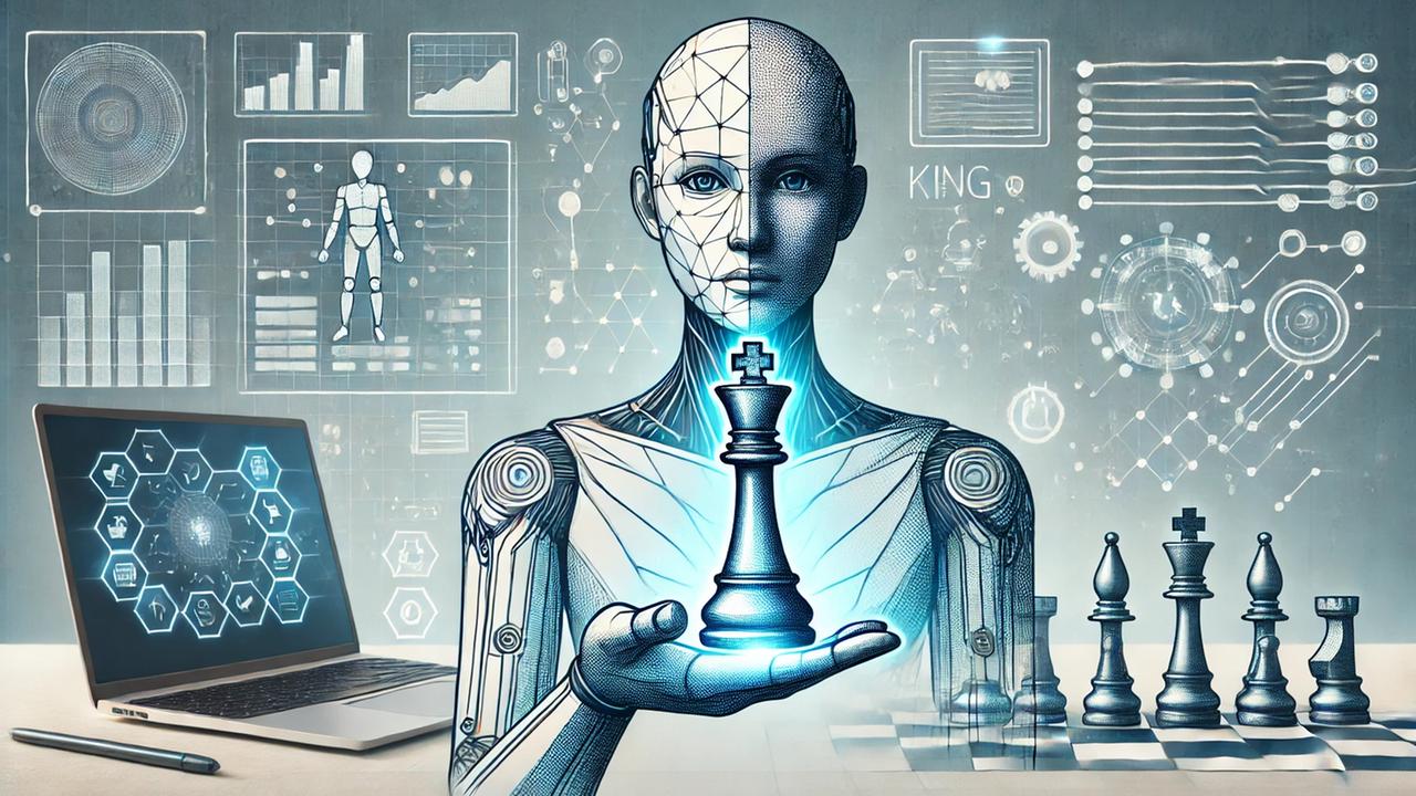 Das Bild zeigt eine holografische KI, die eine Schachfigur in der Hand hält.