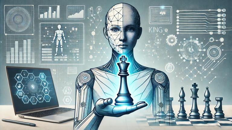 Das Bild zeigt eine holografische KI, die eine Schachfigur in der Hand hält.
