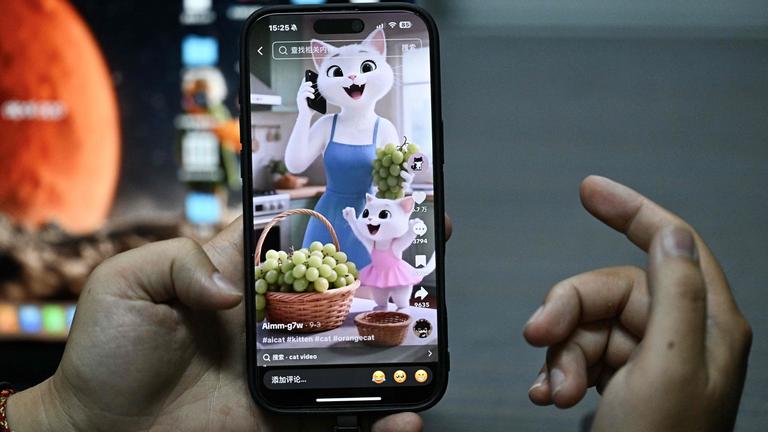 Eine Hand hält ein Smartphone. Drauf zu sehen ist ein offenbar KI-generiertes Video.