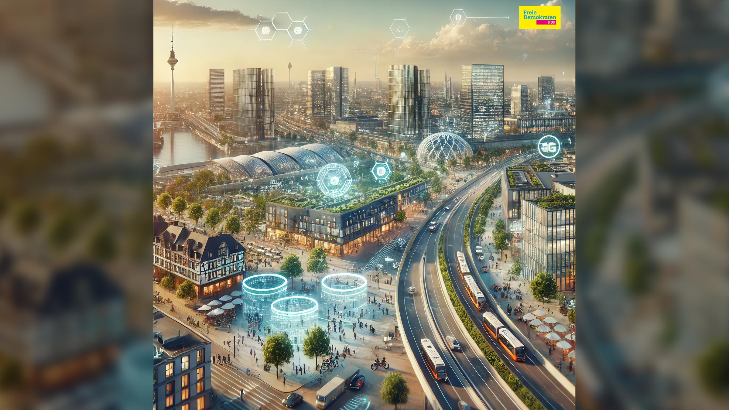 KI-Zukunftsvision, FDP, Das Bild wurde mit Künstlicher Intelligenz auf Basis des Parteiprogramms generiert.
