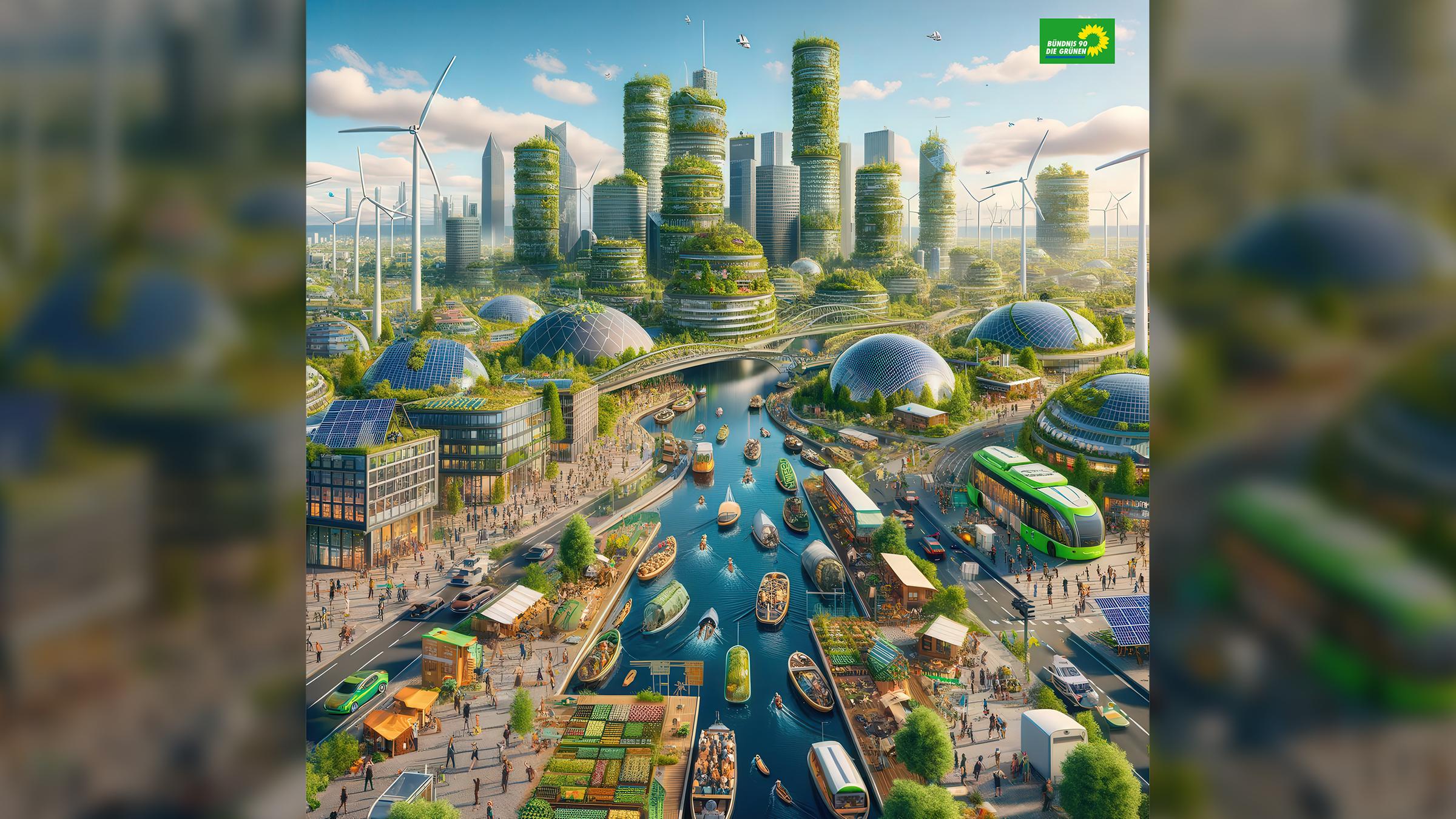 KI-Zukunftsvision, Grüne, Das Bild wurde mit Künstlicher Intelligenz auf Basis des Parteiprogramms generiert.