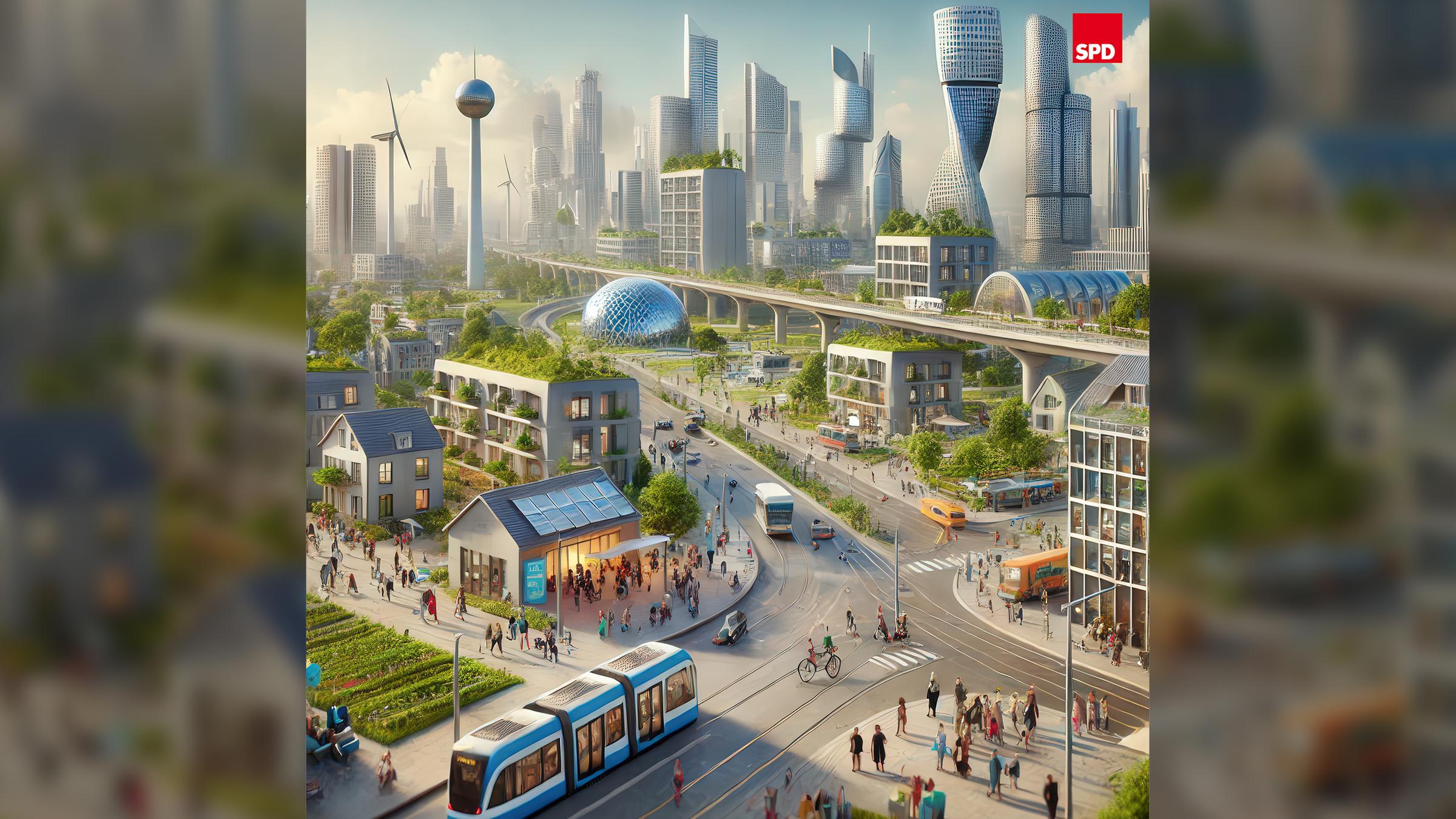 KI-Zukunftsvision, SPD, Das Bild wurde mit Künstlicher Intelligenz auf Basis des Parteiprogramms generiert.